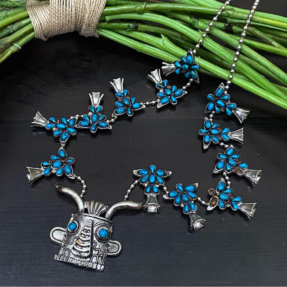 Vintage Kachina Mask Faux Turquoise Southwestern Style Squash Blossom Necklace